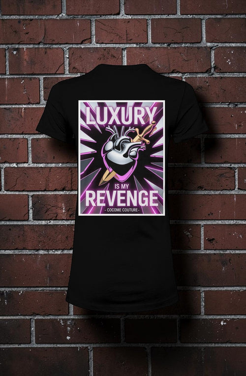 CocoMe Couture black slim-fit graphic tee featuring a heart and sword design with Luxury Is My Revenge text