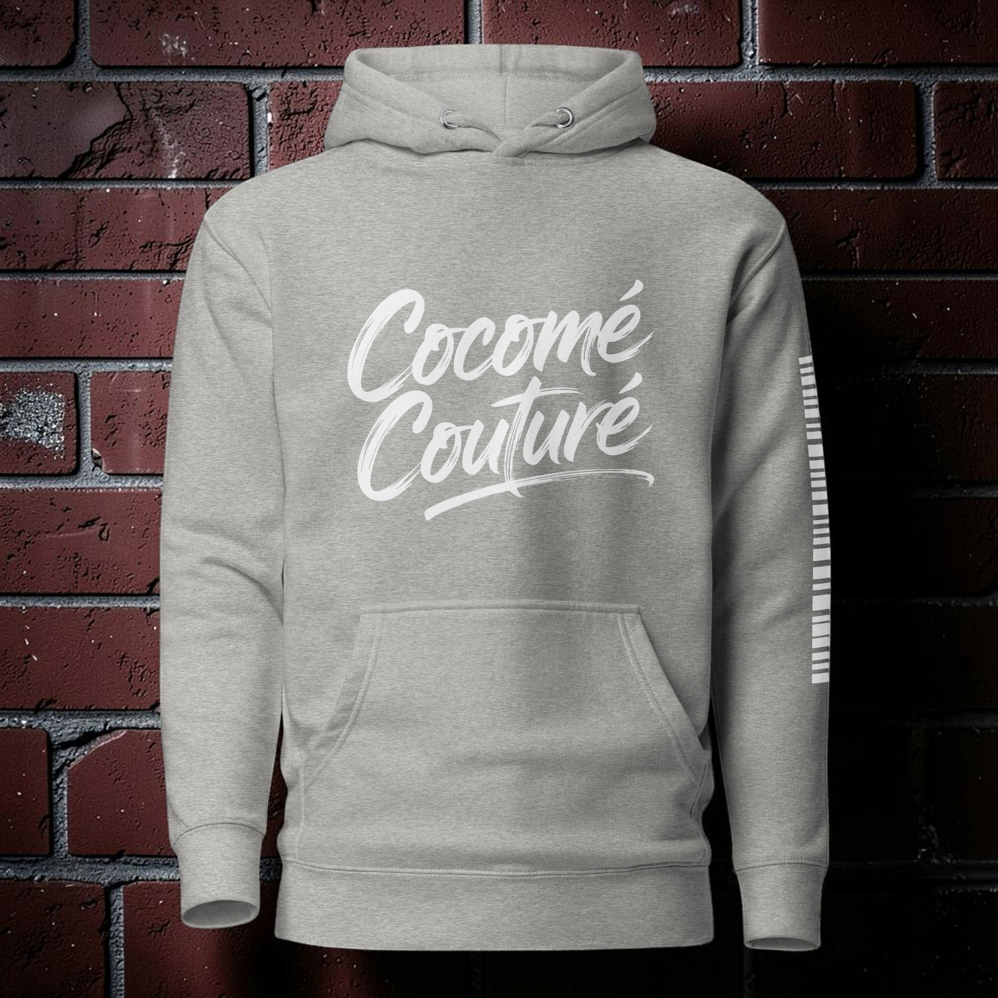 CocoMe Couture charcoal heather premium hoodie with white logo print, kangaroo pocket, and 3-panel hood.