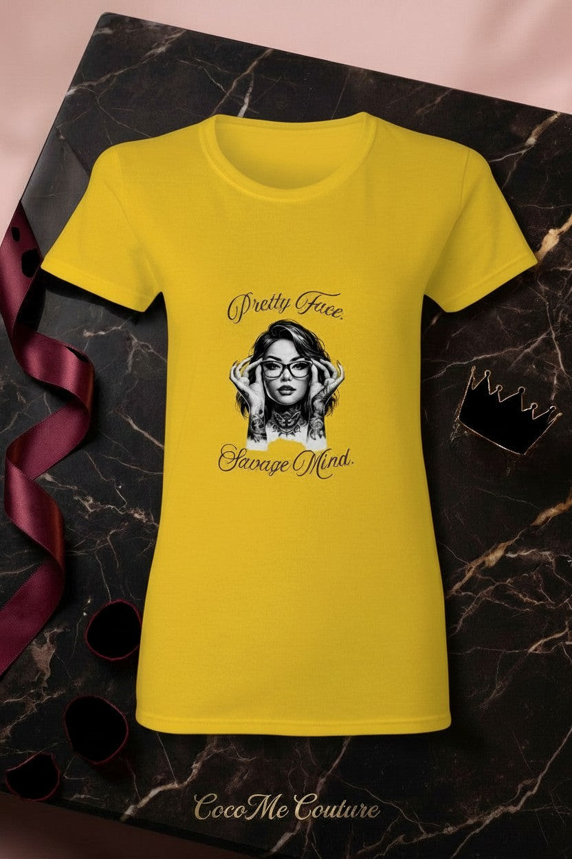 CocoMe Couture gold heavy cotton tee featuring a Pretty Face Savage Mind graphic print on a marble background.