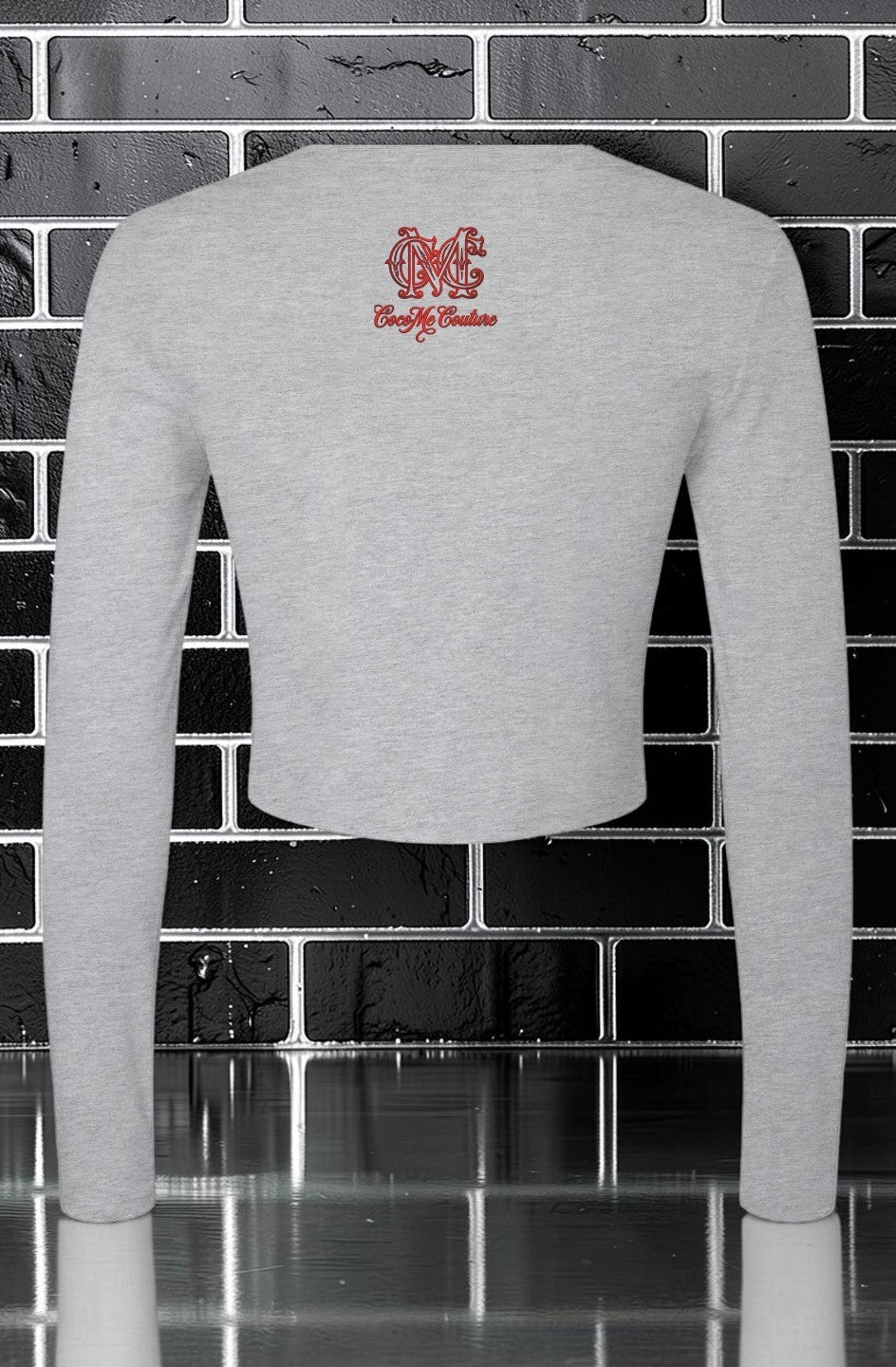 CocoMe Couture athletic heather grey micro rib long sleeve baby tee with red logo on back