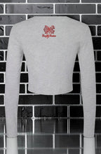 CocoMe Couture athletic heather grey micro rib long sleeve baby tee with red logo on back