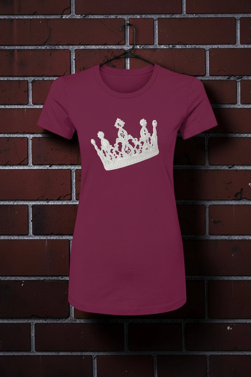 CocoMe Couture maroon slim-fit graphic tee featuring a white crown design on soft combed cotton against a brick wall