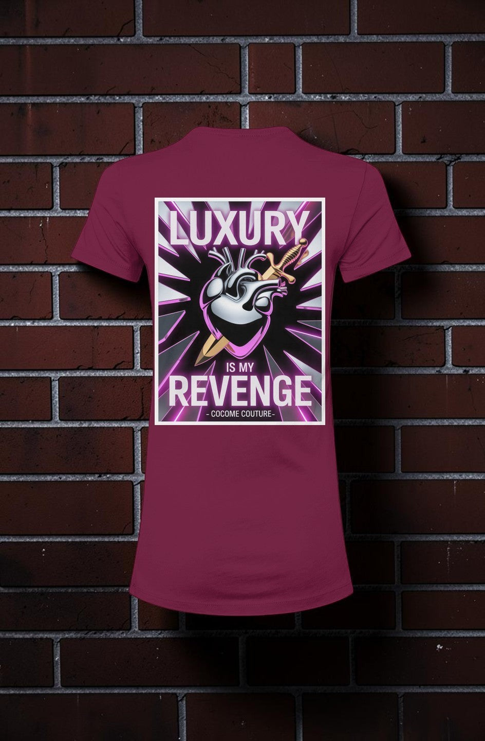 CocoMe Couture maroon slim-fit graphic tee featuring a heart and sword illustration with Luxury Is My Revenge text.