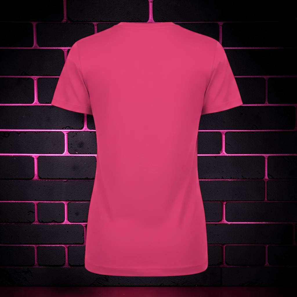 Back view of a plain hot pink CocoMe Couture crewneck t-shirt against a dark brick wall with neon pink lighting.
