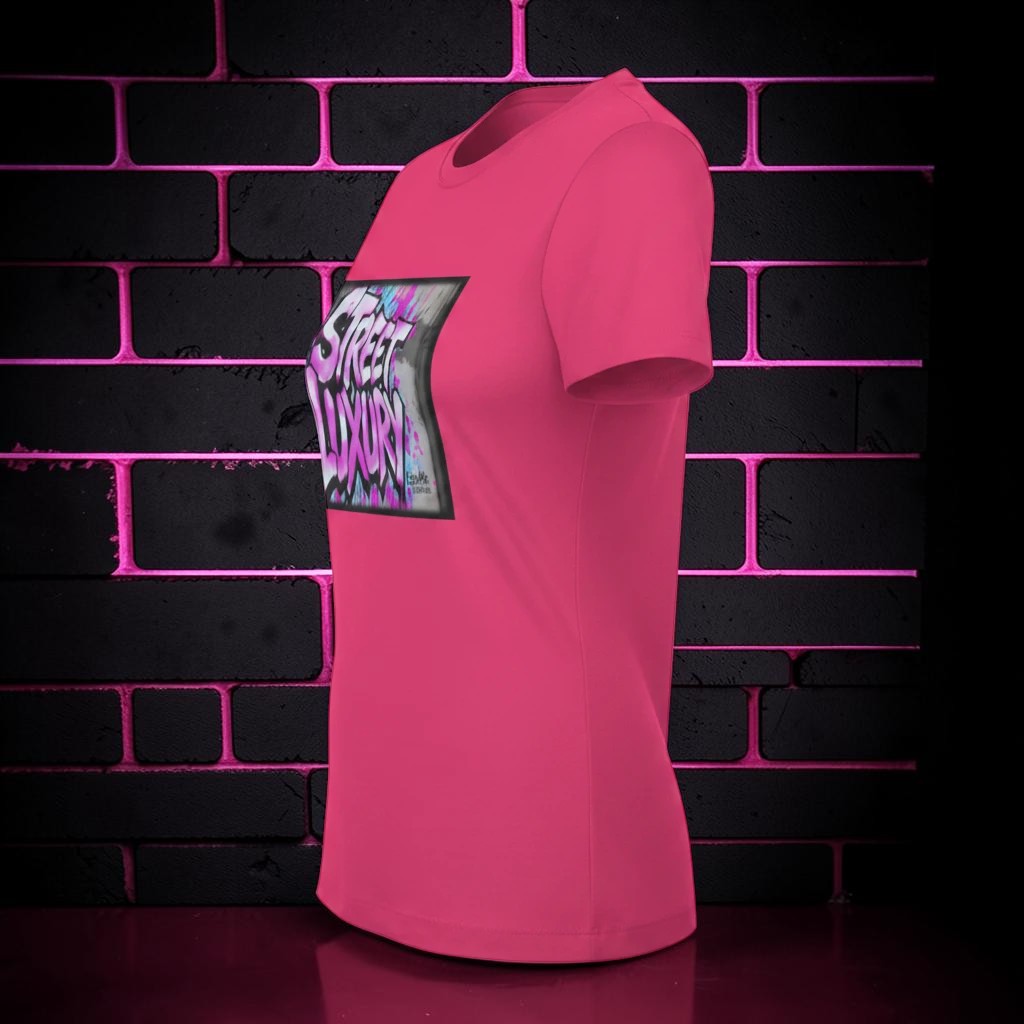 CocoMe Couture pink crewneck t-shirt with a Street Luxury graffiti graphic print, shown from a side profile view.