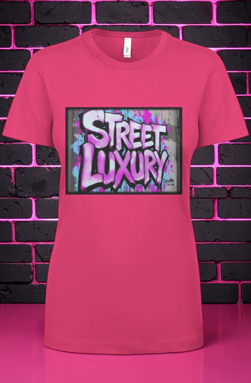 CocoMe Couture pink crewneck t-shirt featuring a bold Street Luxury graffiti graphic print on the chest