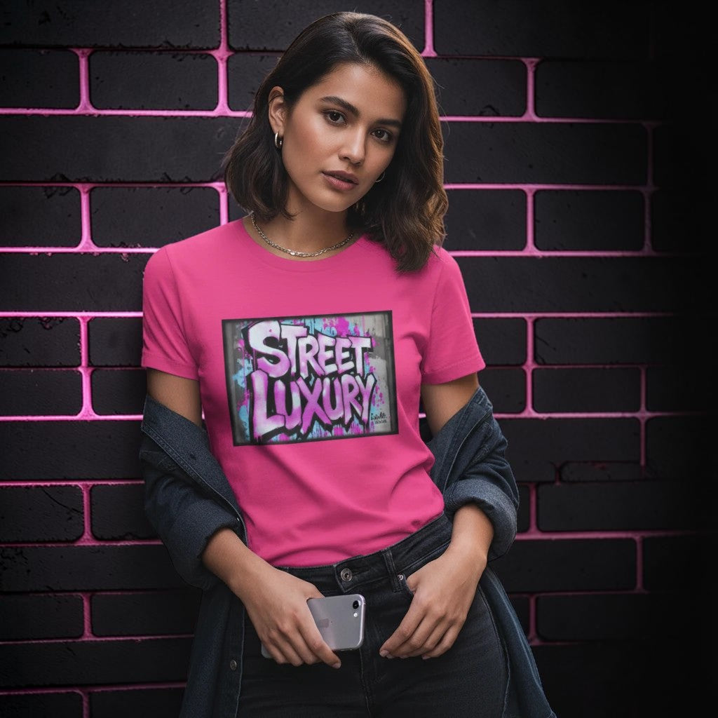 Woman wearing a pink CocoMe Couture crewneck t-shirt with a Street Luxury graffiti graphic print against a brick wall