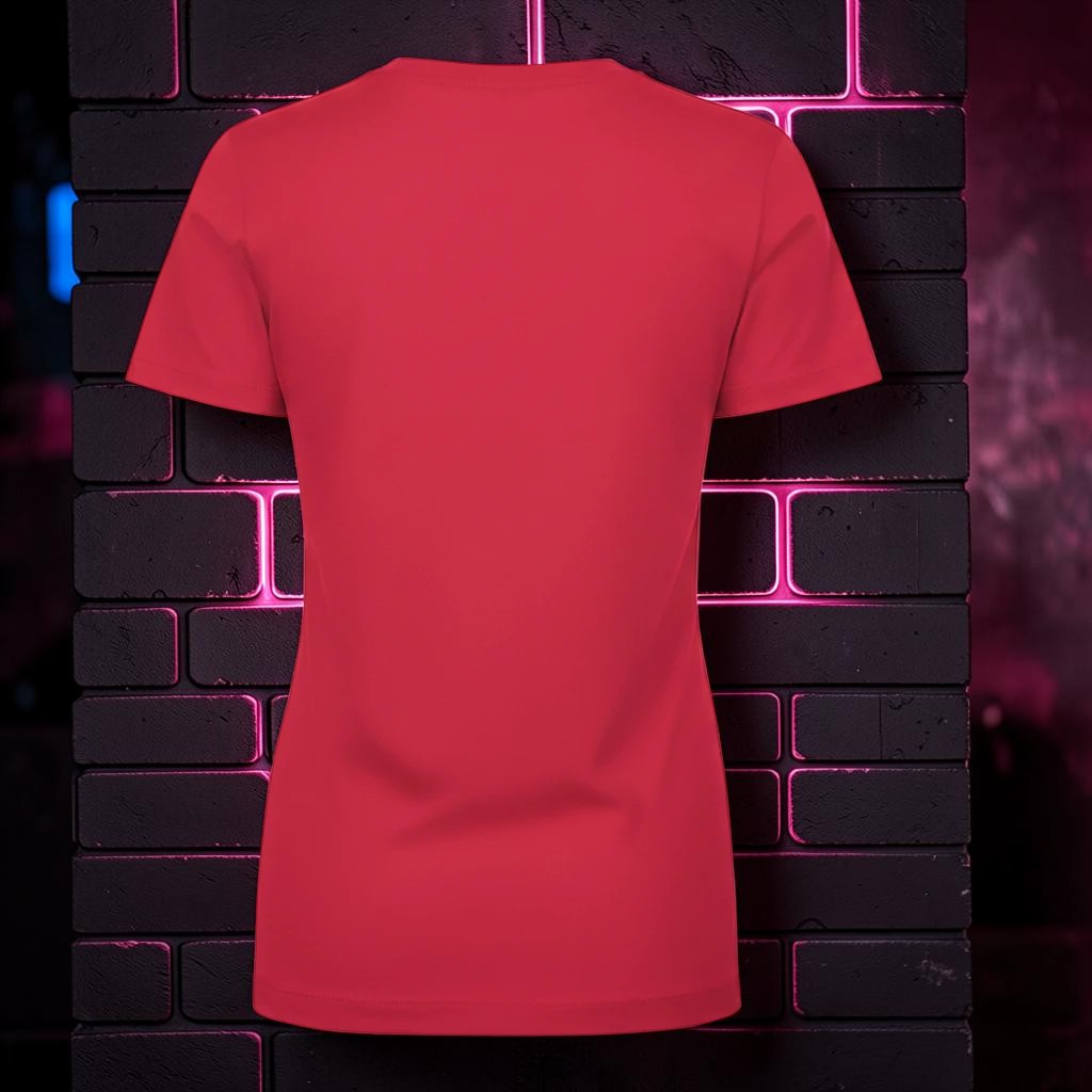 Back view of a red CocoMe Couture crewneck t-shirt made from soft cotton blend against a dark brick wall background.