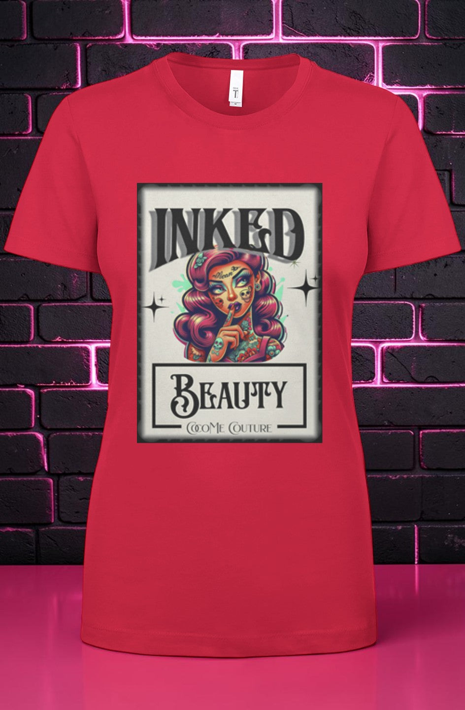 CocoMe Couture red crewneck t-shirt featuring a vintage-style Inked Beauty graphic print on soft cotton blend fabric.