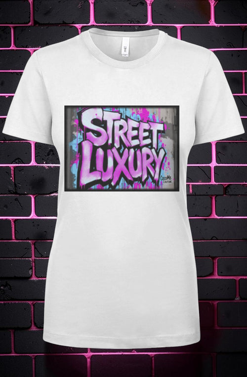 CocoMe Couture white crewneck t-shirt featuring a vibrant pink and blue graffiti-style Street Luxury graphic print.