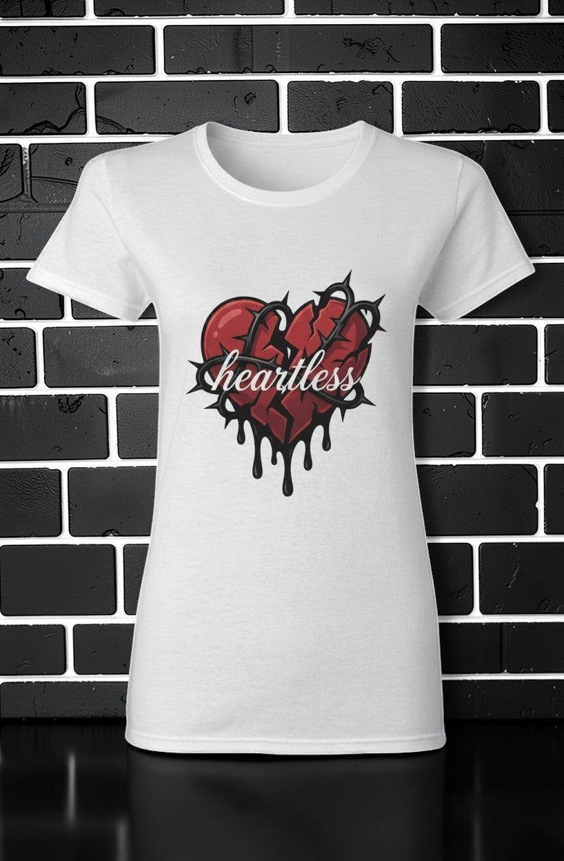 CocoMe Couture white Heartless heavy cotton tee with a red broken heart and black barbed wire graphic print.