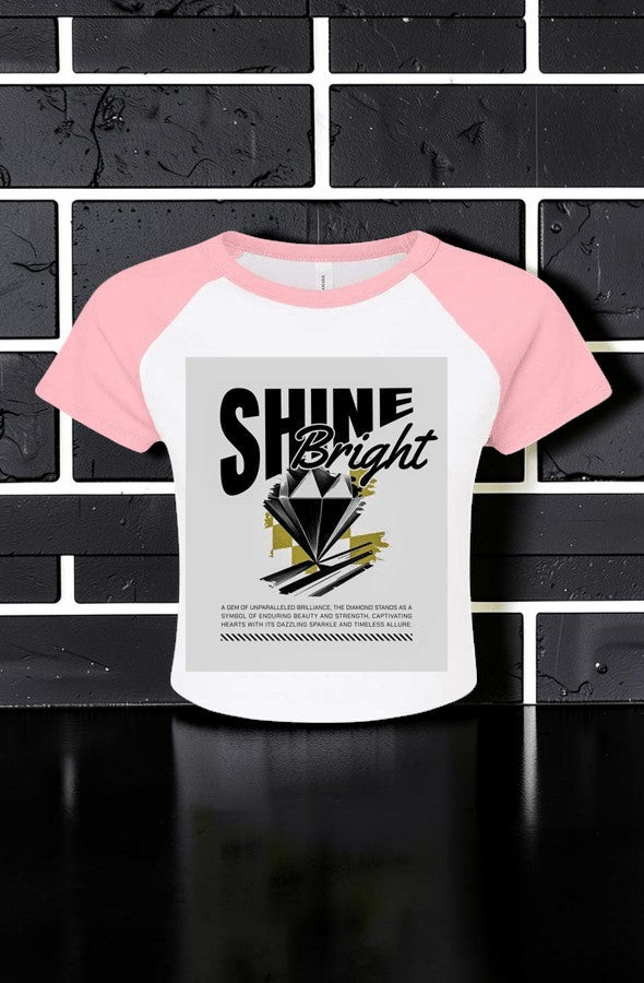 Women's Shine Bright Micro Rib Raglan Baby Tee – Cropped Fitted Stretch Shirt front view with cropped fit and sporty raglan sleeves